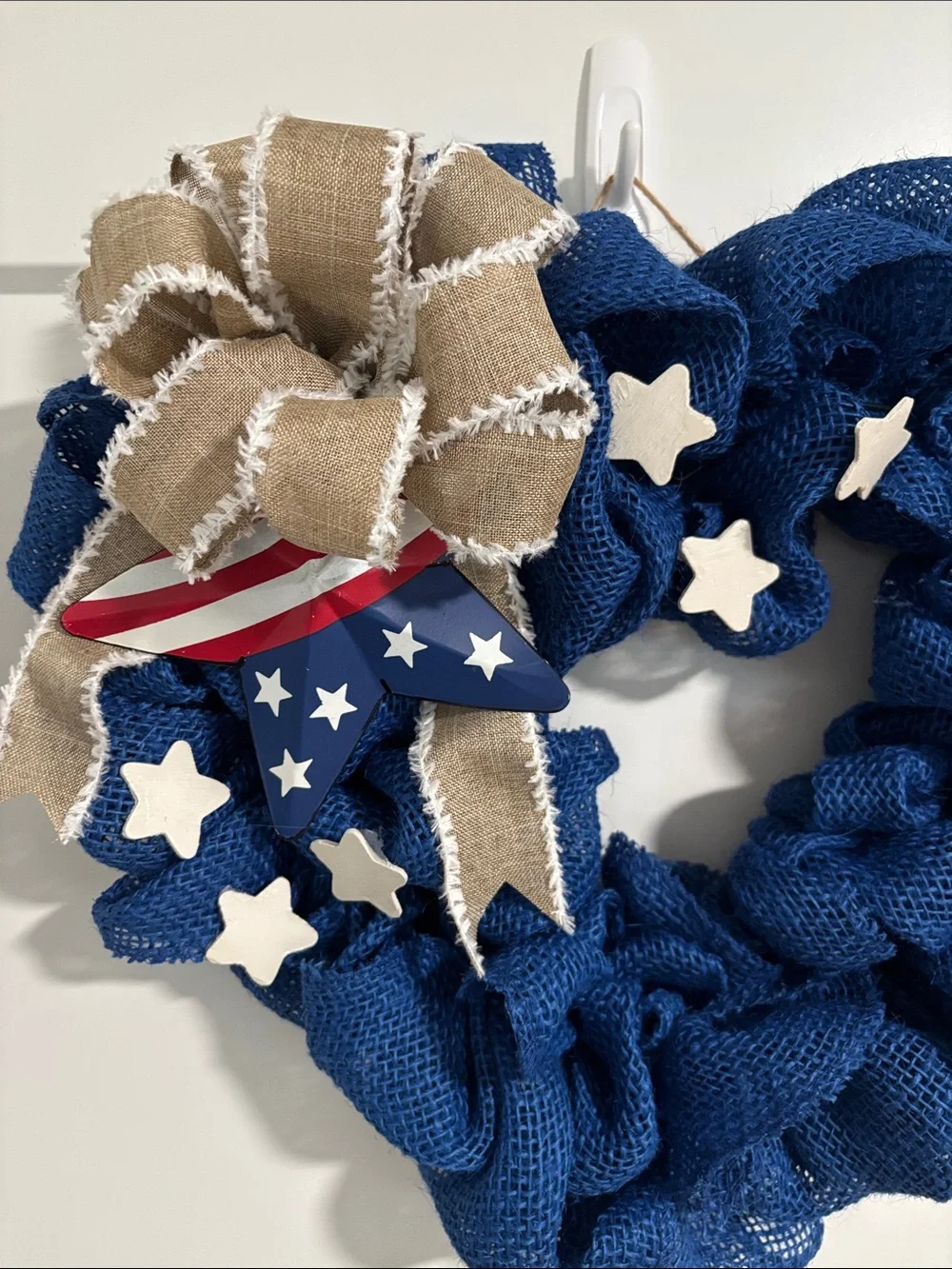 Hand Crafted Blue Burlap Patriotic Wreath with Tan Bow and White Stars